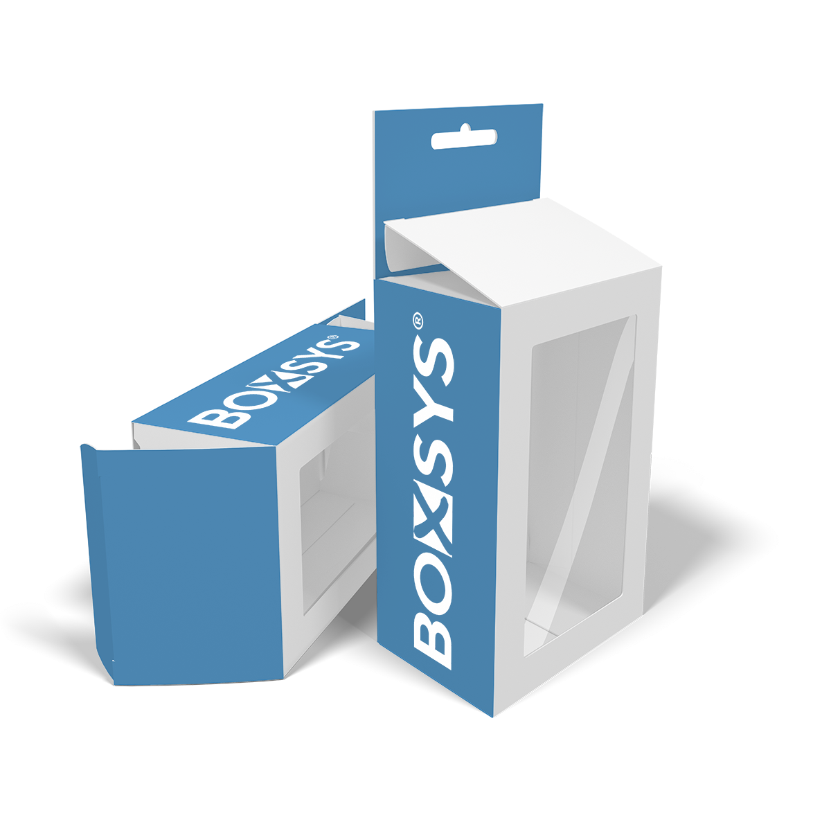 Faltschachtel mit Einstecklaschen, Eurolochaufhängung und Folienfenster von www.boxsys.de