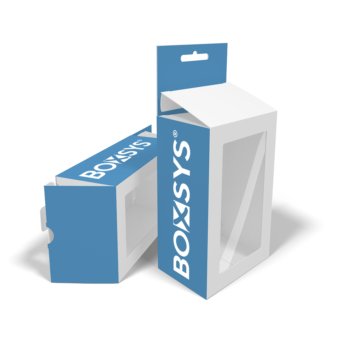 Faltschachtel mit Einstecklaschen, Eurolochaufhängung, Folienfenster und Sicherheitsverschluss von www.boxsys.de