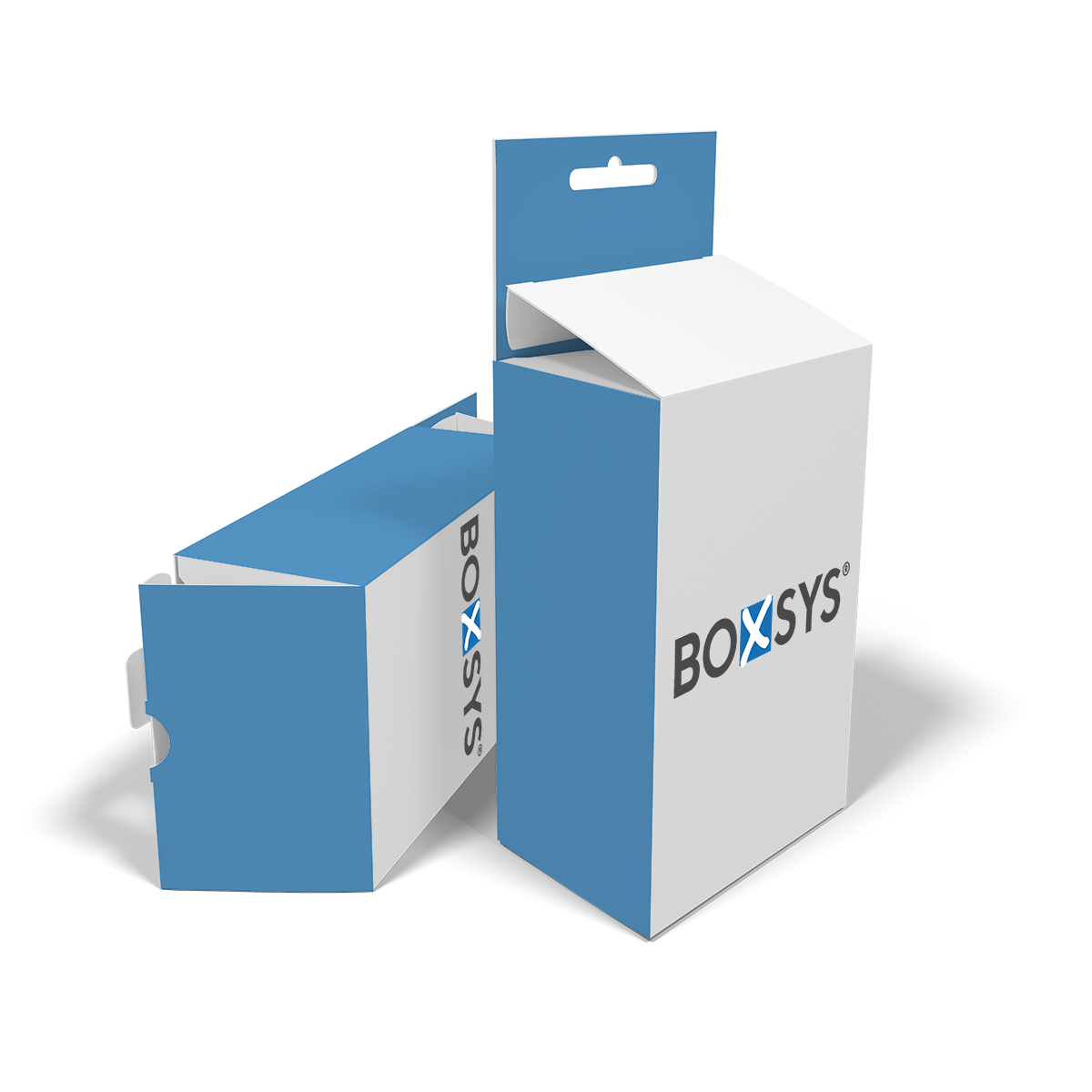 Faltschachtel mit Einstecklaschen, Eurolochaufhängung und Sicherheitsverschluss von www.boxsys.de