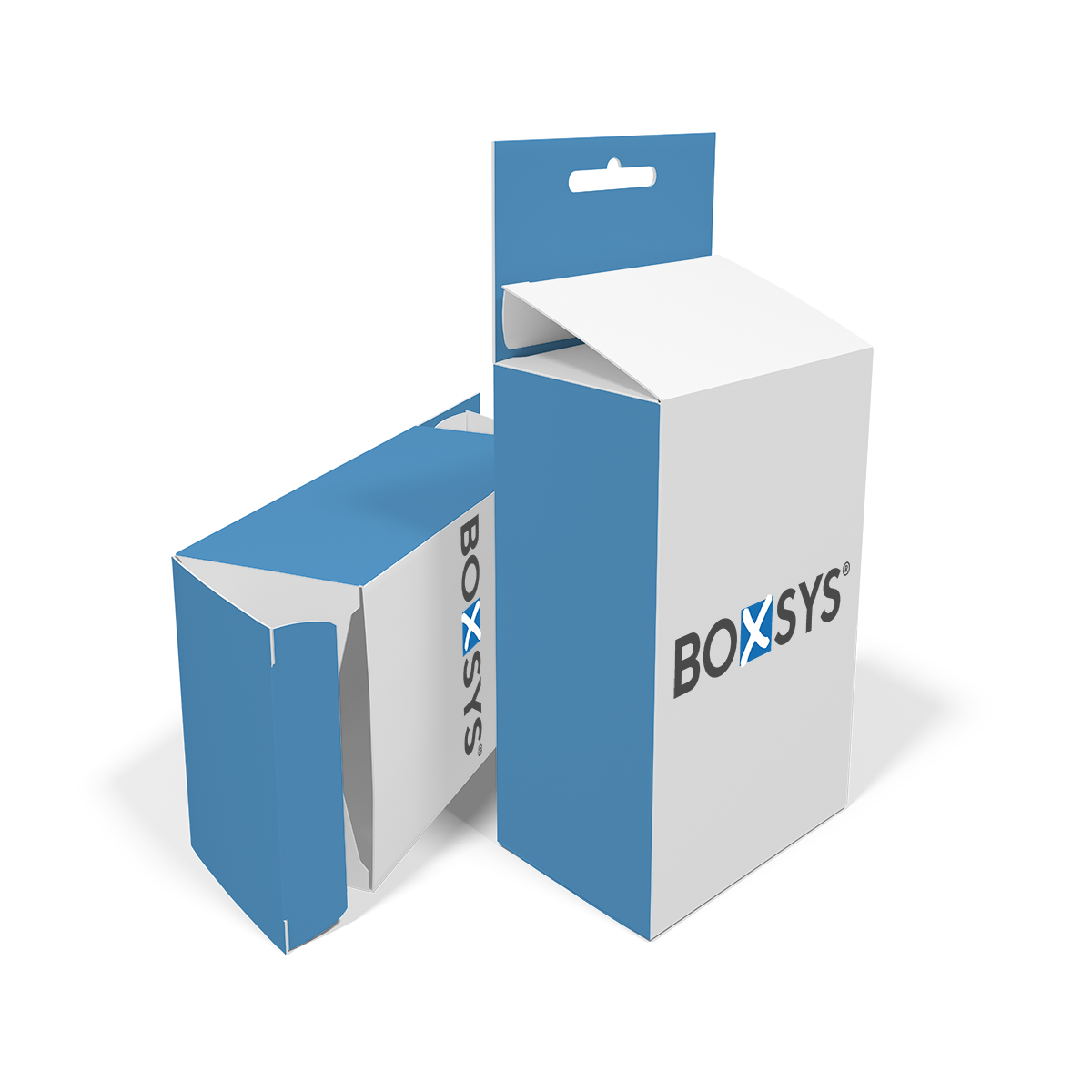 Faltschachtel mit versetzten Einstecklaschen und Eurolochaufhängung von www.boxsys.de