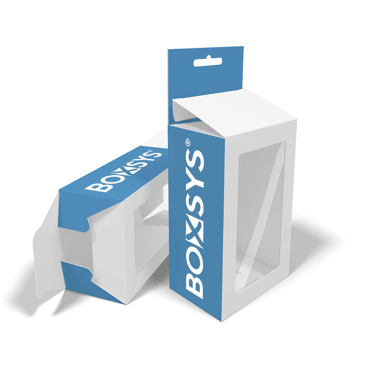 Faltschachtel mit Steckboden, Eurolochaufhängung und Folienfenster von www.boxsys.de