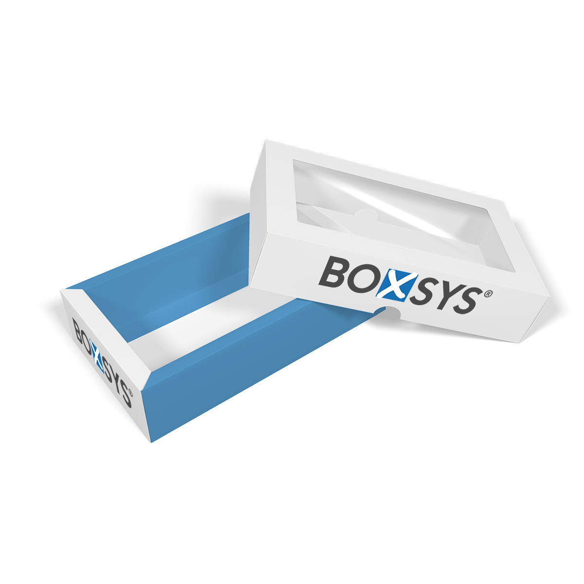 Stülpdeckelkarton mit Hohlkammerrand, bündigem Deckel, Grifflöchern und Folienfenster von www.boxsys.de