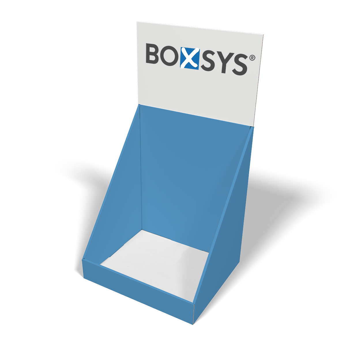 Thekendisplay mit verstärkten Seiten und aufgestecktem Topschild von www.boxsys.de